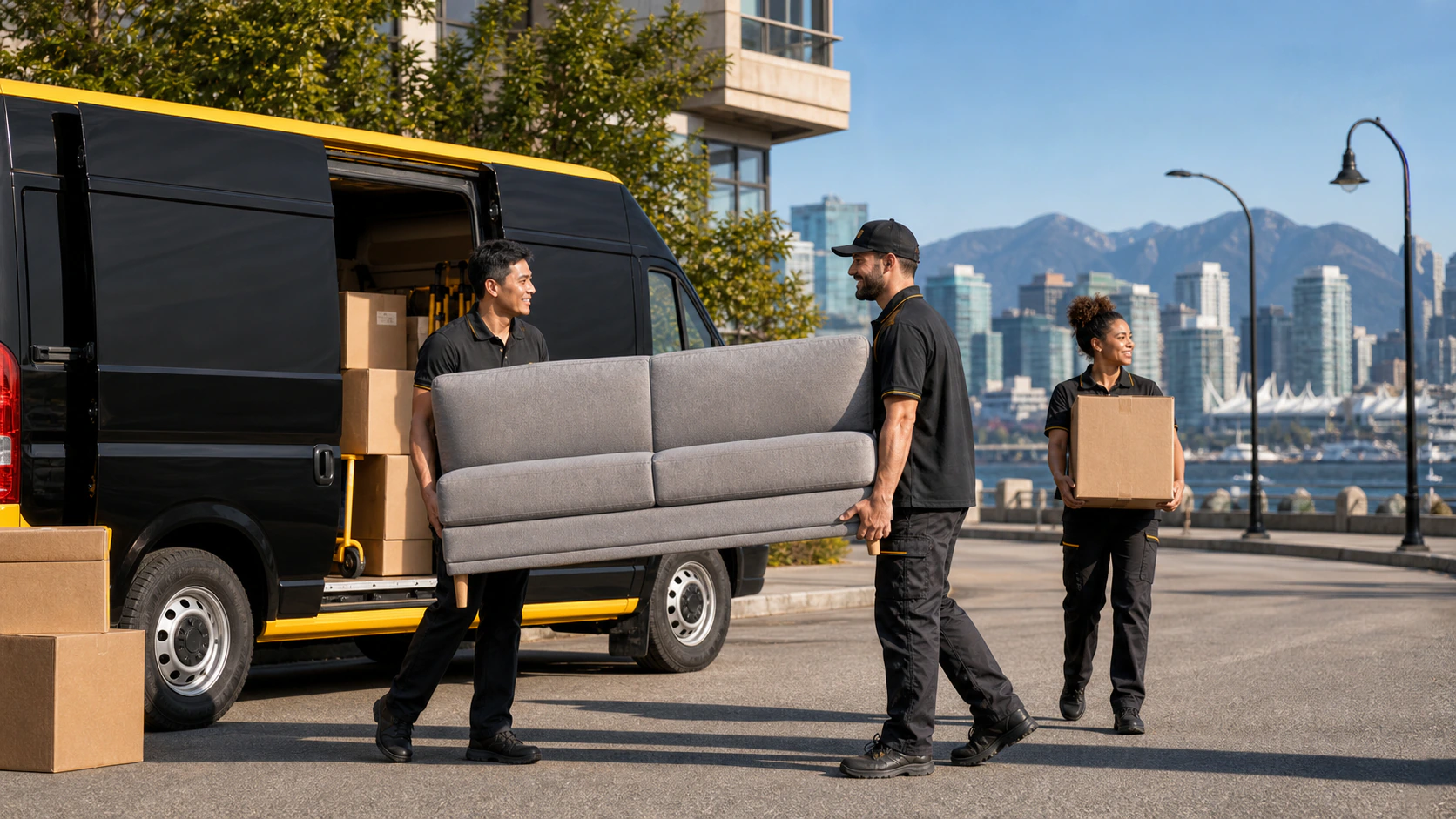 BCM moving crew carrying furniture beside a moving van in Vancouver